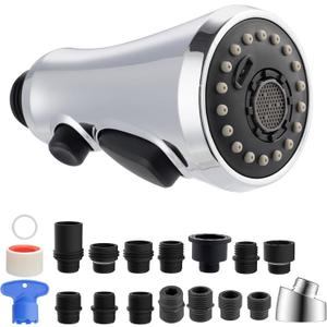 Hibbent Pull Down Kitchen Faucet Head Replacement, NSF/ANSI/CAN 61 & CUPC Certified 3-Function Sink Spray Nozzle with 15 Adapters Compatible with Moen, Delta, Kohler Faucets, Chrome