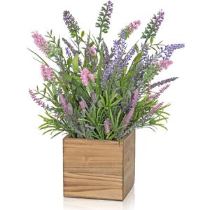 DILATATA Rustic Lavender Flowers Artificial Lavender Decor Fake Lavender Plant in Wooden Pot Faux Plants for Home Bathroom Table Centerpieces Wedding Decor Potted Lavender Flower Purple Decor