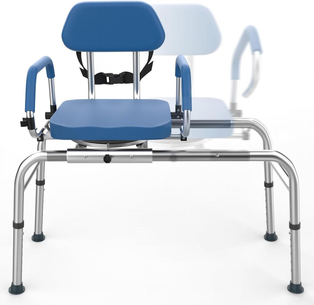 HT TopHinon Slide Shower Chair with Swivel Seat, Padded Backrest, Pivoting Arms, Adjustable Height, 350lb Capacity, for Seniors and Disabled, Blue