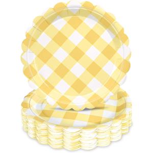 48 Pcs 7" Yellow Gingham Paper Plates Light Yellow & White Scalloped Checkered Party Plates, Pastel Plaid Dessert Table Supplies for BBQ Gathering Picnic Baby Shower Birthday Dinner Party Tableware