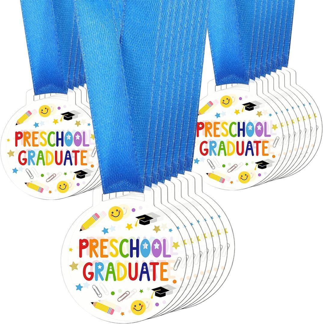 Kenning 24 Pcs Pre-school Graduation Medal Bulk 2 Inch Acrylic Award Medals with Neck Ribbon Cute Graduation Gifts, Grad Medal Party Favor Supplies Decorations