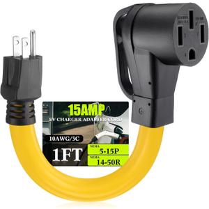 5-15P to 14-50R EV Charger Adapter Cord Compatible with Nema 110V 15A 3 Prong Male to 50A 4 Prong Female Power Cord with Handle for Level 1 EV Charging, STW 10 AWG/3C, 1FT, ETL Listed
