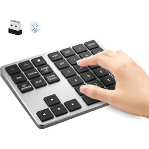 Bluetooth Number Pad, Rechargeable Wireless Numeric Keypad, Three Mode, Slim & Silent Design, 35-Keys External Numpad USB Keyboard for MacBook, iPad, iPhone, iOS, Laptop, Windows, Android, PC (Gray)