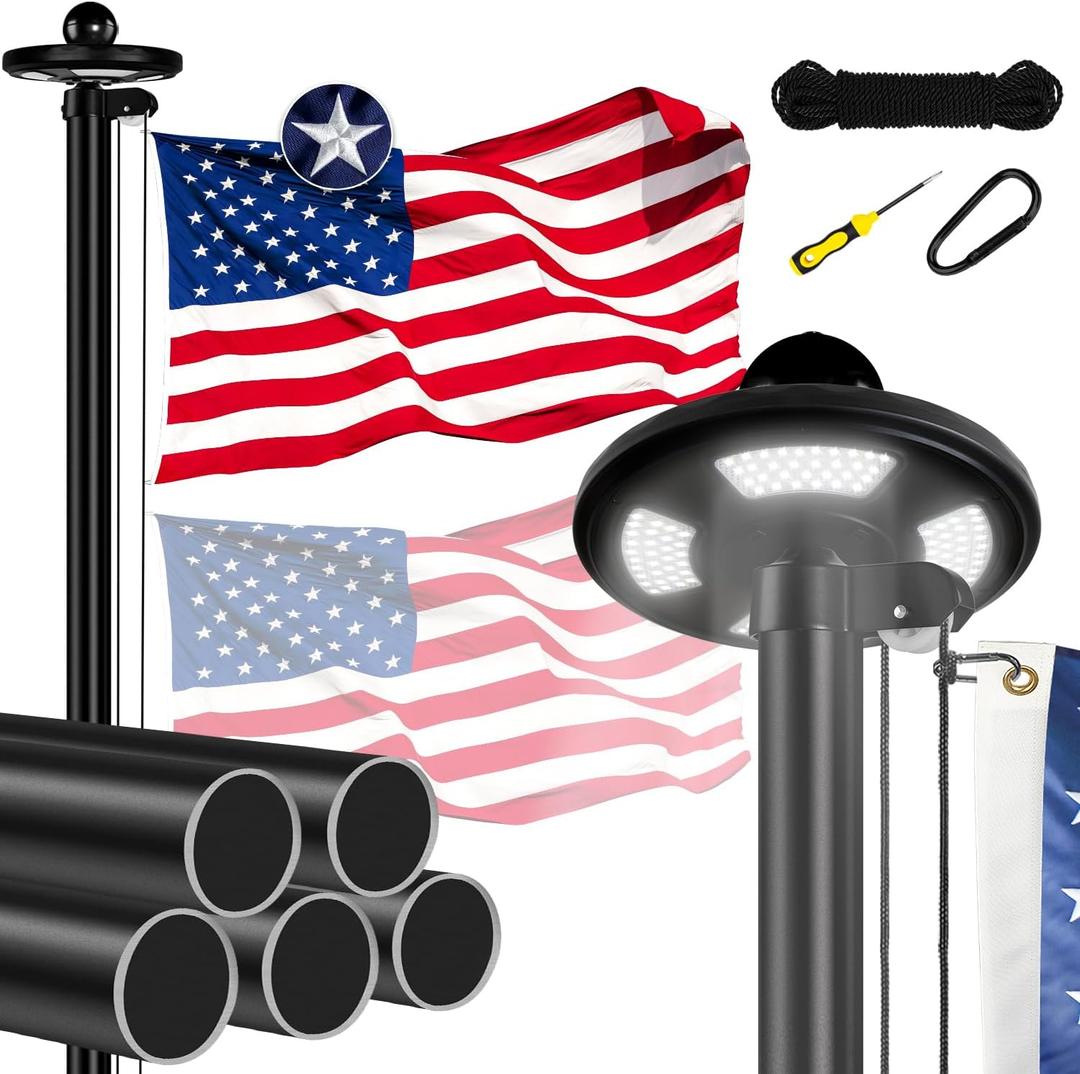 Heavy Duty Flag Pole Kit with Solar Light, 20 FT 12 Gauge Aluminum in Ground Flagpole with 128 LEDs Solar Powered Set for House Outside, with Embroidered American Flag, Residential Commercial, Black