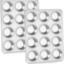 P&P CHEF Muffin Pan Cupcake Baking Pan Set, Stainless Steel Muffin Tin Tray for Mini Cake Tart Quiche, Oven & Dishwasher Safe, Non-toxic & Heavy-duty, (12 Cup, 2Pcs) Silver 
