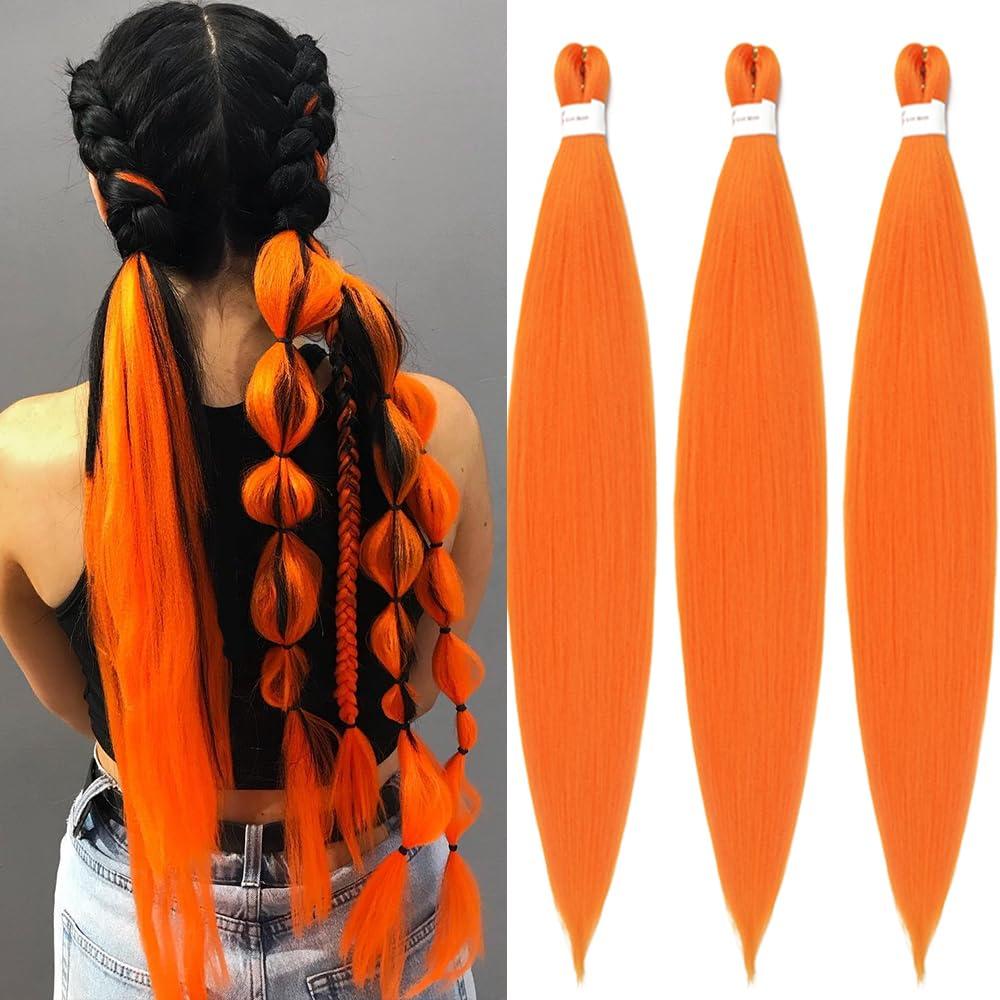 Pre stretched Braiding Hair 26 Inch Orange Braiding Hair Extensions Yaki Braids Hair Hot Water Setting Synthetic Hair Colored Braiding Hair Pre stretched Crochet Hair(26 Inch,3 Packs,Orange#)