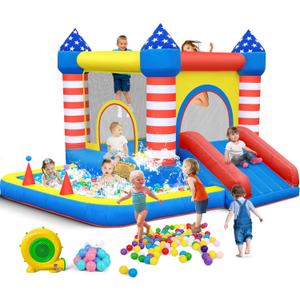 Culaluva Inflatable Bounce House: Bouncer Bouncy Castle 5 in 1 with Ball Pit & Slide for Kids Aged 3-8 - with 370W Blower & Storage Bag - Indoor Outdoor Play Stripes Style Culaluva Inflatable Bounce House: Bouncer Bouncy Castle 5 in 1 with Ball Pit & Slide for Kids Aged 3-8 - with 370W Blower & Storage Bag - Indoor Outdoor Play Stripes Style