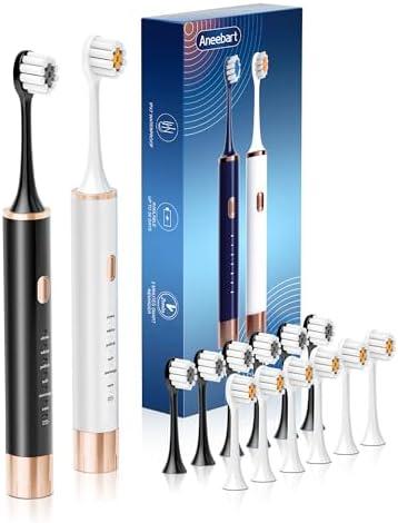 Aneebart Sonic 2 Pack Electric Toothbrush for Adults and Kids, Travel Toothbrush Includes 12 Replacement Toothbrush Heads, 6 Modes with 2 MIN Smart Timer (Black White)