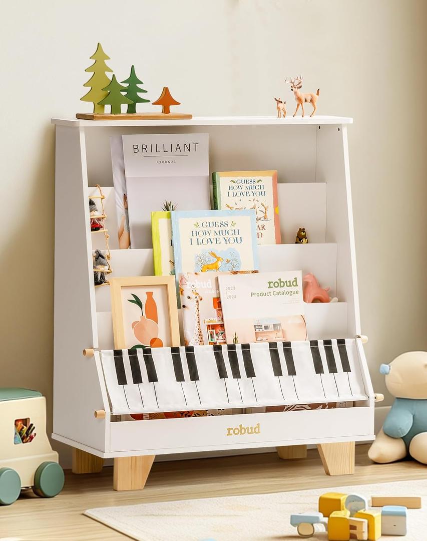 ROBUD Kids Bookshelf, 5-Tier Montessori Wooden Book Shelf with Stability & Sturdiness, Ideal Size for Kids' Rooms, Nursery, Playrooms - White WF009