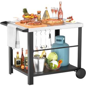 34" x 24" Movable Stainless Steel Flattop Grill Cart for Ninja Woodfire & Blackstone Griddles, Pizza Oven Table for Outside, Extra-Wide Stainless Steel Cart with Wheels for Kitchen Food Prep Table