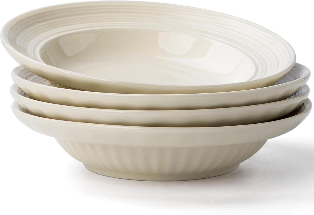 Wide Rim Soup Bowls, 18oz Rimmed Pasta Bowls Set of 4, 8 Inch Ceramic Salad Bowl, Shallow Plates, Elegant Dinner Cereal Serving - Microwave Dishwasher Oven Safe - Beige