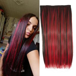 3/4 Full Head Black And Red Color Clip In Hair Extensions Mixed Black And Red Color Long Straight Highlight 5 Clips Clip in Synthetic Hair Extensions For Fashion Girls/Women 24" 120g