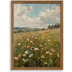 AVECCO Vintage Peaceful Wildflower Canvas Wall Art, Nature Floral Artwork Landscape Wall Decor, Colorfu Botanical Art Prints for Bedroom Living Room Office Home Decoration 12x16 Inches Wood Framed