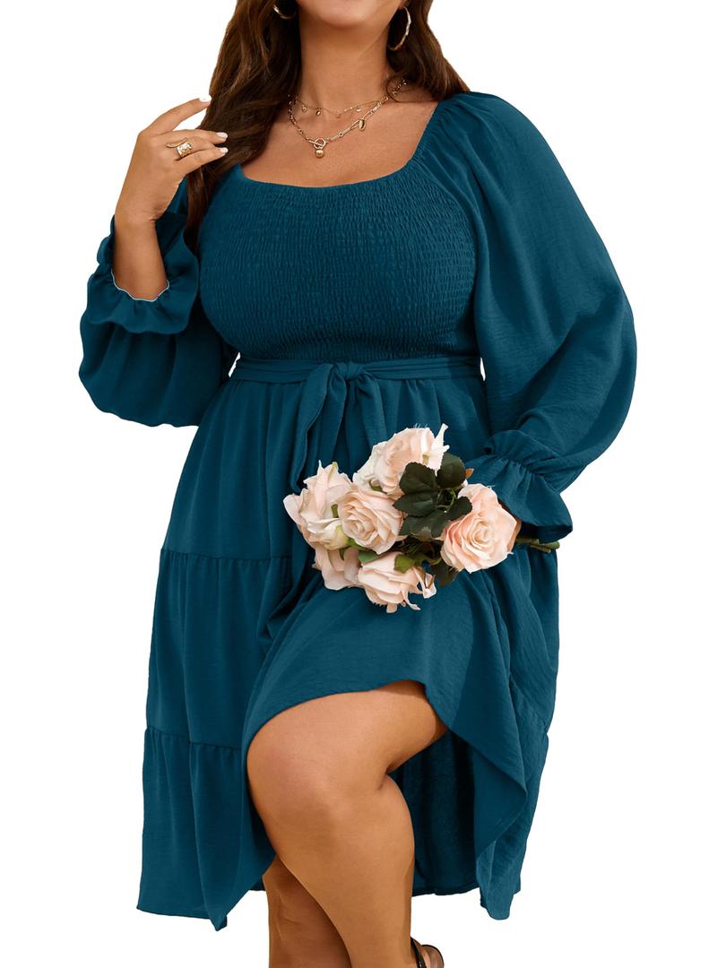 RWJ Womens Plus Size Fall Dress Long Sleeve Smocked Square Neck A-Line Wedding Guest Party Mini Dresses with Belt Blue L (Blue, L)