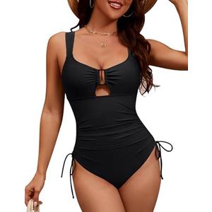 BMJL Womens One Piece Swimsuit Ruched Tummy Control Bathing Suit Drawstring Cutout Modest Swimsuits S/, Black