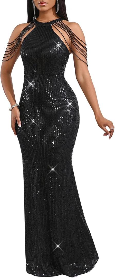 Cololura Women Sexy Elegant Sequin Tassel Off Shoulder  Halter Bodycon Maxi Dress Party Evening Gown Formal Dress (Black) X-Large 