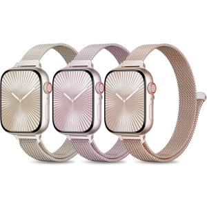 3 Pack Slim Metal Loop Compatible with Apple Watch Band 42mm 41mm 40mm 38mm 46mm 45mm 44mm 49mm Women Men, Thin Stainless Steel Magnetic Strap for iWatch Bands Series 11 10 9 8 SE 7 6 5 4 3 Ultra (Starlight/Pink/Rose Gold)