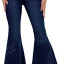 Women's Butterfly Bell Bottom Jeans Elastic High Waisted Embroidered Classic Flareed Jeans Raw Hem Denim Pants with Pocket (X-Large, Dark Blue)