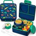 Fimibuke Bento Box for Kids Adult with Thermos, 3-4 Compartment 60OZ Toddler Lunch Box Container with Leakproof 8OZ Insulated Food Jar, Sauce Jar, Utensil for School Boy Girl, BPA-Free Dishwasher Safe (B5.Jungle Dinosaurs)