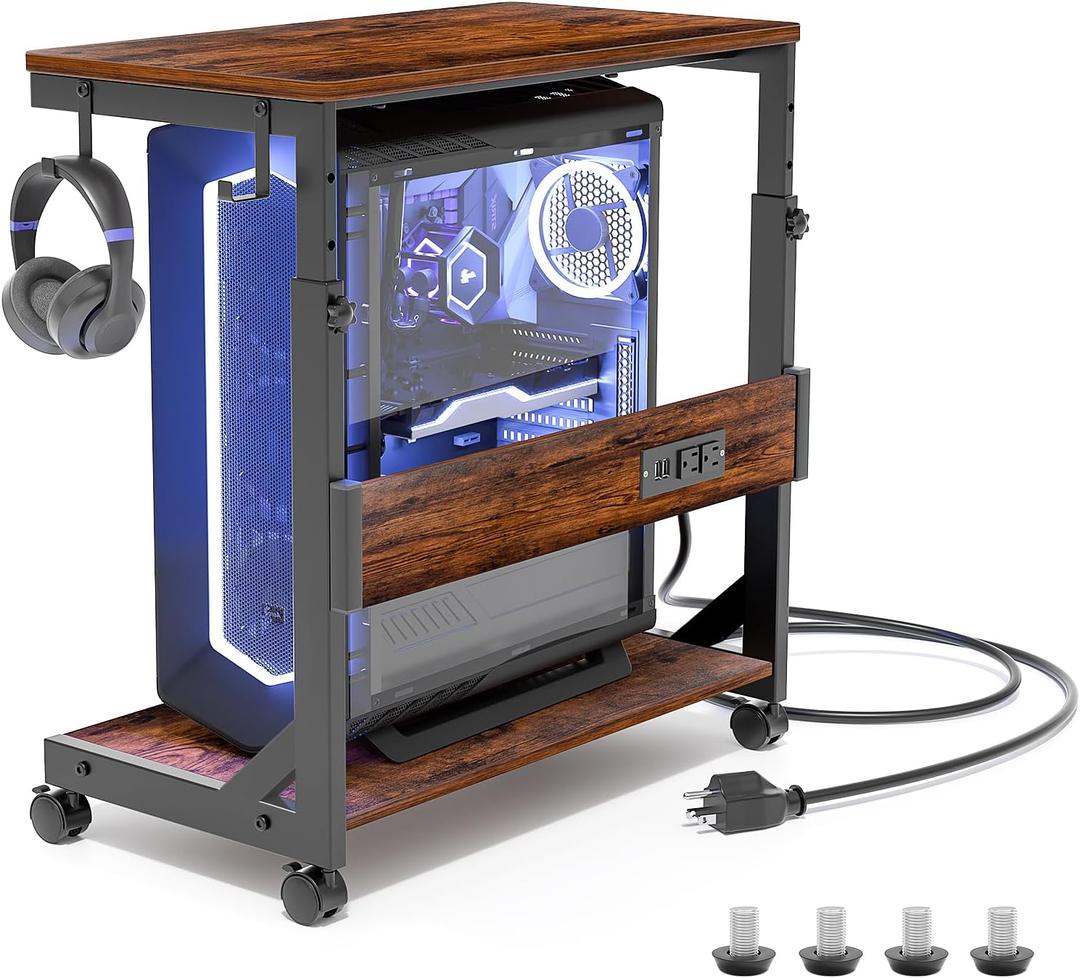 Height Adjustable Computer Tower Stand with Charge Station and USB Charging Port, 2-Tier ATX-Case Cart, Under Desk Mobile PC Stand, CPU Holder Cart with Locking Caster Wheels for Fits Most PC (Brown)