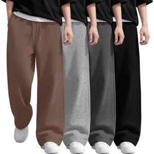 LessonZoo 4 Pack Boys Sweatpants Kids Straight Wide Leg Baggy Athletic Pants Drawstring Open Bottom Joggers with Pockets(Brown, Light Gray, Dark Gray, Black,Medium)