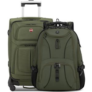 SWISSGEAR Sion 2-Piece Travel Set, Softside Expandable Carry-On Spinner Bundled with 1900 ScanSmart 17" Laptop Backpack with RFID Blocking & Tech Organization, Evergreen