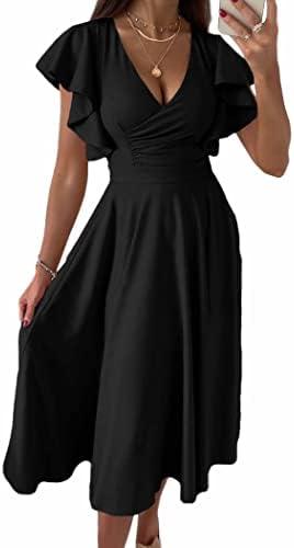 PRETTYGARDEN Summer Midi Dress 2026 Spring Ruffle Sleeve V Neck Cocktail Wedding Guest A Line Fit and Flared Dresses, Large