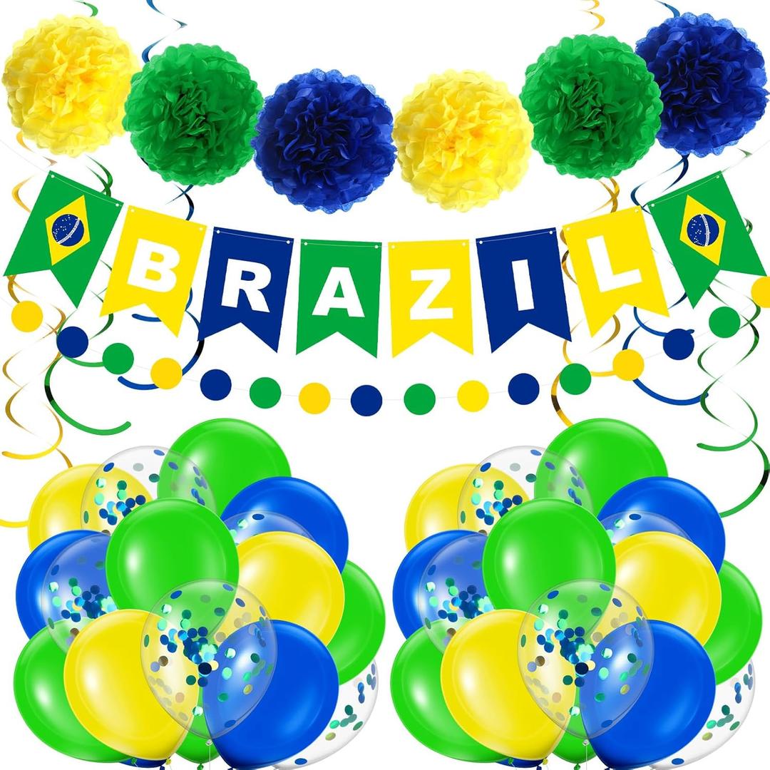 RoundFunny Brazil Flag Party Decorations Brazilian Theme Kit with Banner, Green Yellow Blue Balloons, Pom Poms, Swirls DIY Supplies for Carnival Independence Day Soccer Sports Event