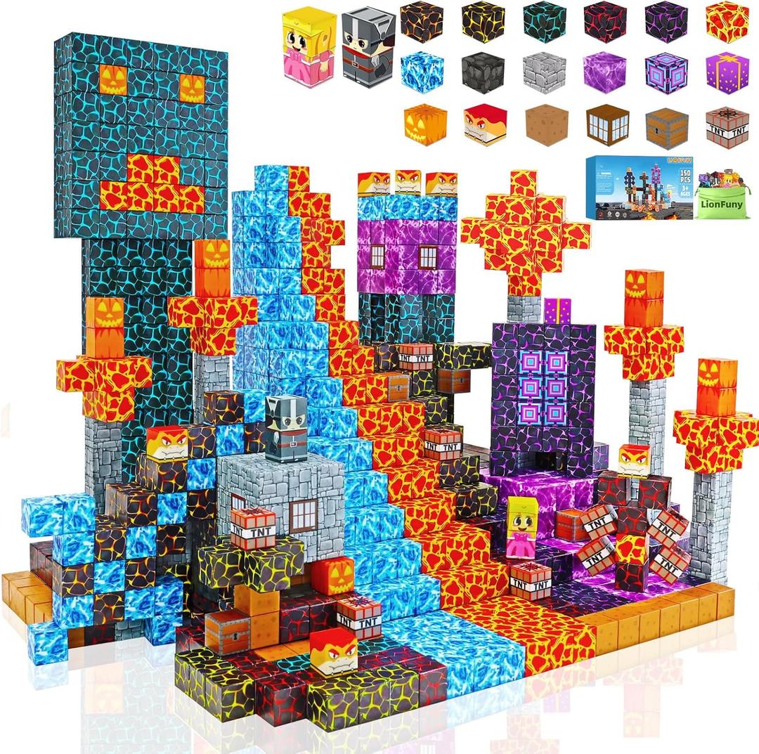 LionFuny150PCS Magnetic Blocks, Magnetic Building Blocks, Magnet Blocks for Kids Age 3-5 4-8 8-12, STEM Sensory Educational Magnet Stacking Toys Boys Girls Gifts