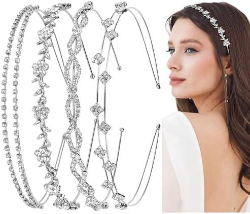 WOVOWOVO 4 Pcs Rhinestone Headbands for Women Silver Bridal Headband Crystal Flower Girl Headpiece Flower Leaf Tiara Crown Head Band Wedding Hair Accessories for Girls