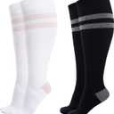 Momcozy Compression Socks for Women Wide Calf, 15-20mmHg Knee High Support Socks for Pregnancy, Nurses, Travel, Flying (X-Large, Black/White)