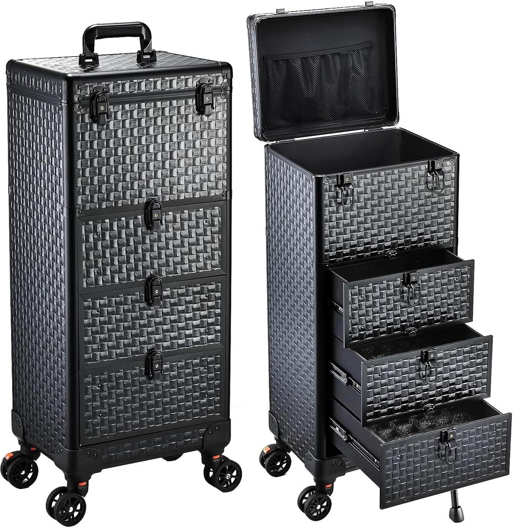 Salon Cart with 3 Drawers, Nail Trolley Cart with Wheels Salon Station Rolling Makeup Train Case Cosmetology Case Organizer Cases for Nail Tech,SPA,Face Painting,Hairstylist,Makeup Artist (Black)
