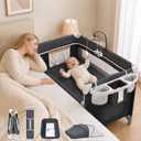 5-in-1 Baby Bassinet Bedside Sleeper, Foldable Pack and Play,One-Push Bedside Crib with Playard, Includes Mattress, Changing Table, Mosquito Net, Music Toy & Storage for Newborn to Toddler (Dark Grey)