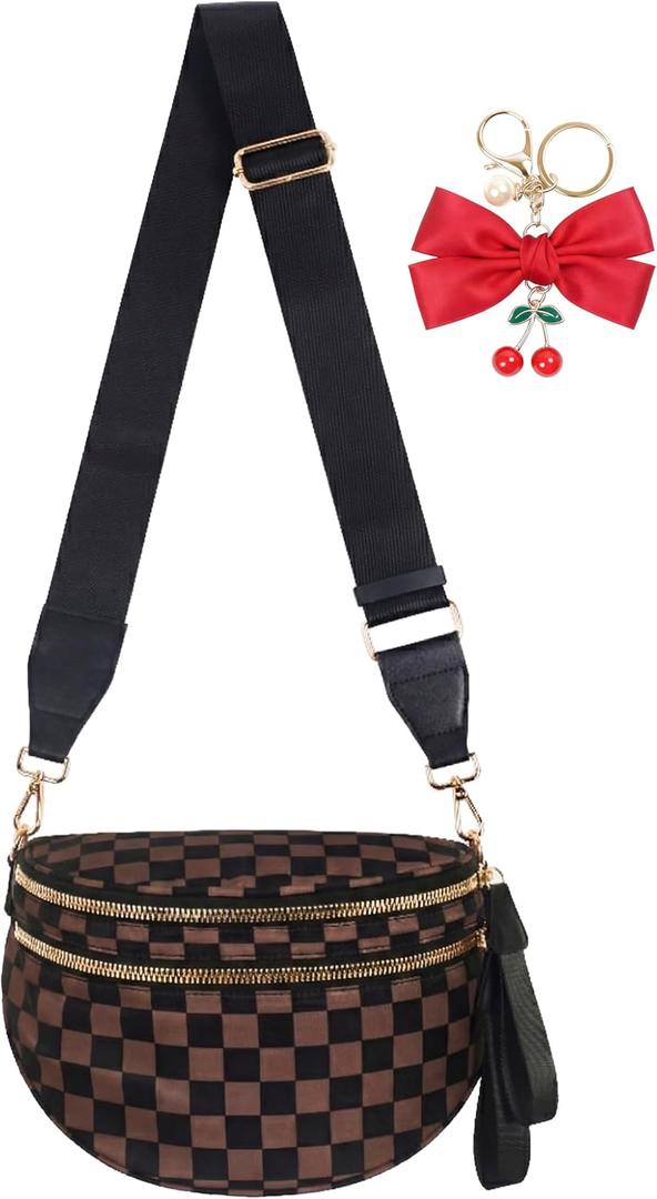 Checkered Crossbody Bag for Women, Spacious Sling & Stylish Bum Bag for Travel, Concerts, Festival, Nylon Fanny Pack Belt Bag (Brown Black Checkered)