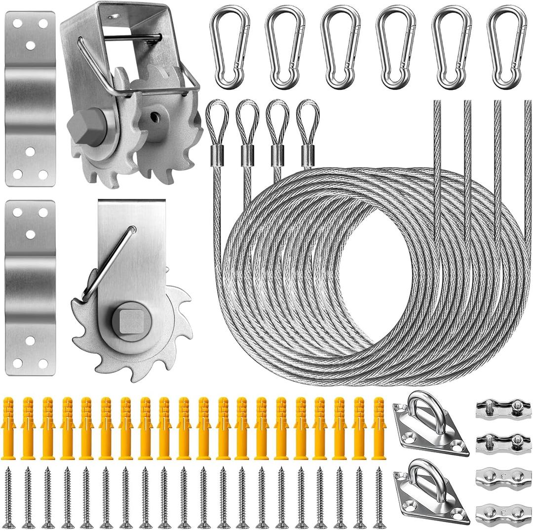 Duerer Sun Shade Sail Hardware Kit Winch Set 60pcs for Rectangle Triangle Sun Shade Sails Canopy Installation Stainless Steel Accessories for Outdoor Garden Patio(2 * Ratchet Winch + 4* 6.6ft Cables)