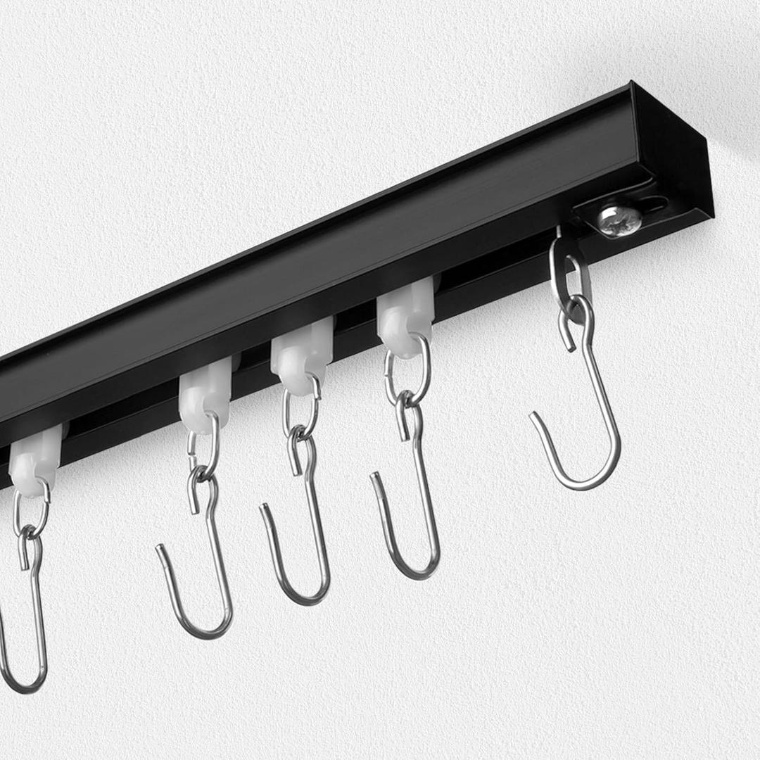 Curtain Track, Ceiling Curtain Track with Roller Hooks, Ceiling Mount Rail Set for Room Divider, 6ft - 9ft (Black)