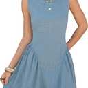 EXLURA Womens Summer Casual Cotton Gingham Dresses Back Elastic Waist Sleeveless Faux Linen Elegant Mini Short Beach Dress (Blue), XS