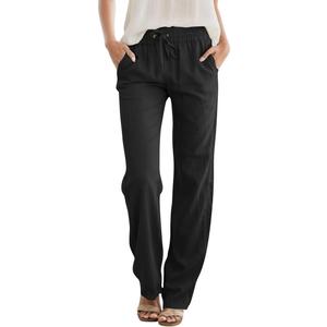 SEMARO Womens Casual High Waisted Linen Pants Wide Leg Lounge Palazzo Trousers Beach Outfits with Pockets (Black, L)