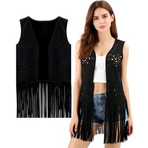 PARTTELY Fringe Vest 70s Outfits for Women Sleeveless Cowgirl Western Faux Suede Tassel Leather Outerwear for Hippie Festival (Medium, Black)