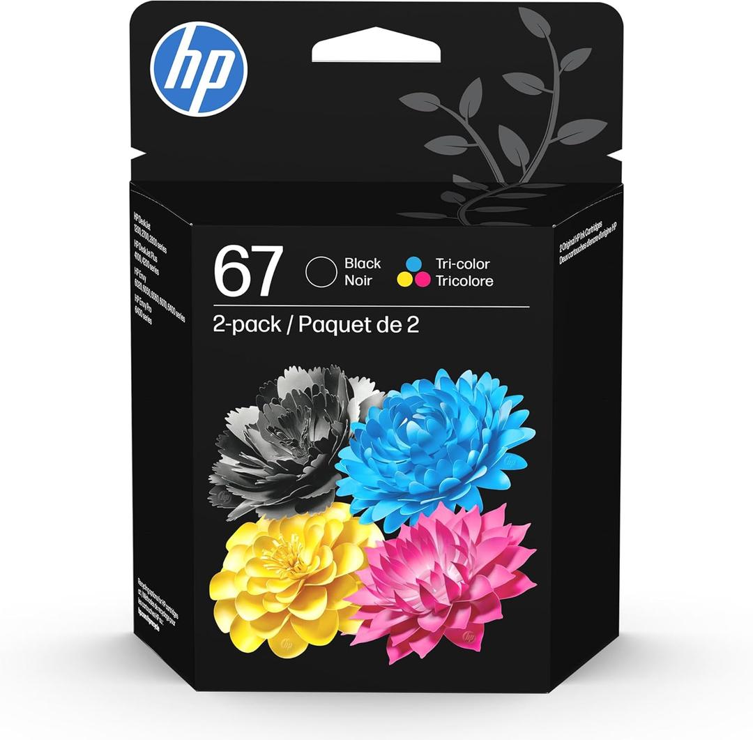 HP 67 Black/Tri-Color Ink Cartridges (2-Pack) | Works with DeskJet 1255, 2700, 4100, Envy 6000, 6400 | Instant Ink Eligible | 3YP29AN