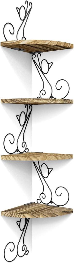 Alsonerbay Wall Mount Corner Shelves 4 Tier Floating Corner Storage Wood Shelves Decorative Rustic Radial Shelf in Cat Shape Carbonized Black