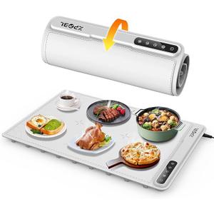 Electric Warming Tray - Full Surface Heating,Rollable & Portable,Premium Silicone Nano-Material,3 Temperature Settings,Auto Shut-Off -Versatile Food Warmer for Gatherings,Parties,Everyday Use, Light Gray