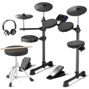 AODSK Electric Drum Set for Beginner with 150 Sounds,4 Quiet Drum Pads,2 Pedal,Throne,Sticks,Electronic Drum with Headphone,AED-400