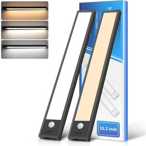 Ascher 15.2inch Under Cabinet Lights, 3000mAh Rechargeable Motion Sensor Light Indoor, 3 Color Temperatures & Stepless Dimmable Closet Lights, Magnetic Under Counter Light for Kitchen, Black - 2 Pack