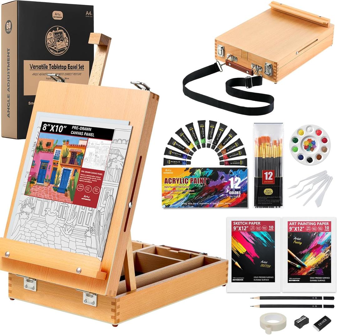 Beechwood Tabletop Easel Set for Painting, 60 Pieces 2-in-1 Art Supplies Specially Tailored for Painting & Sketching, Portable Adjustable Sketchbox Art Easel for Beginners and Art Lovers,Table easel box set with strap