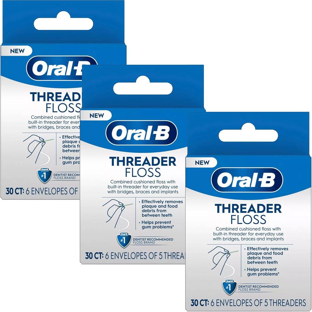 Oral-B Threader Floss 30 Count: 6 Envelopes of 5 Threaders (Pack of 3)