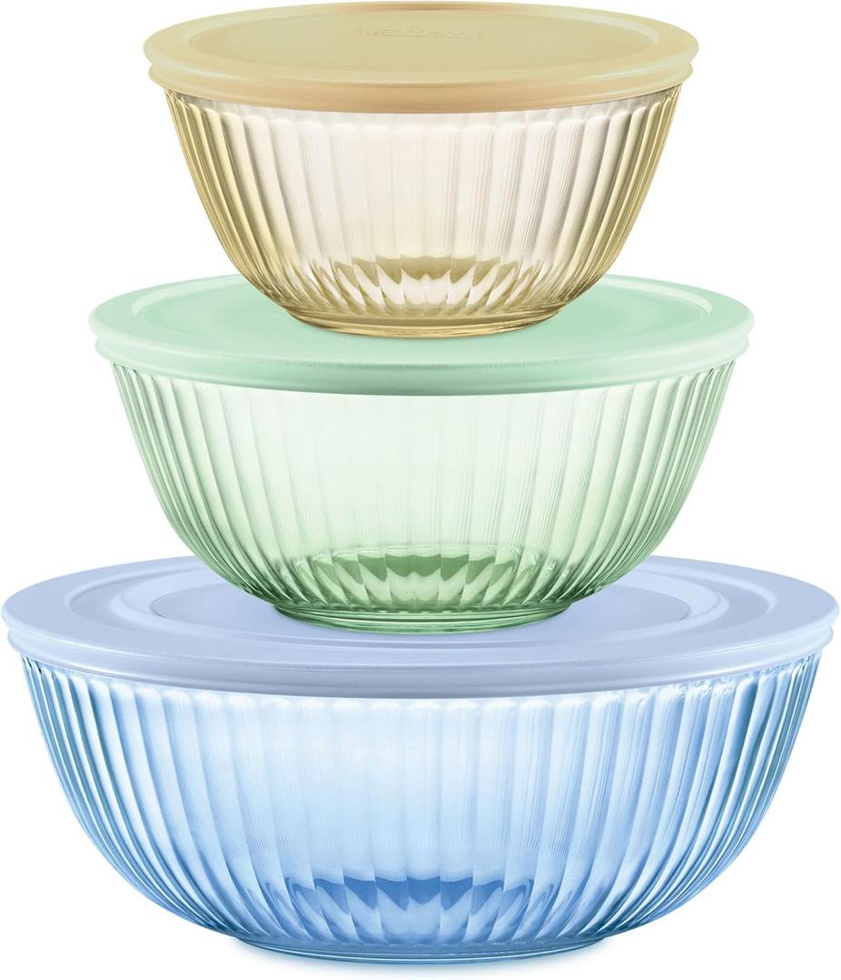 Pyrex Colors Tinted (3-Pack, Full Set) Sculpted Tinted Glass Mixing Bowls With Plastic Lids, Nesting Space Saving Set of Bowls For Prepping and Baking, 1.3QT, 2.3QT & 4.5QT (Yellow, Green, Blue)
