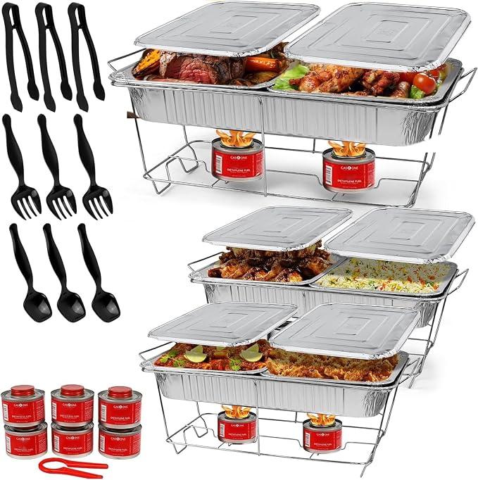 Large Full Size Set of 3 Disposable Chaffing Buffet with-Covers, Utensils, Fuel Cans – Premium Chafing Dish Set for Events, Parties, Catering