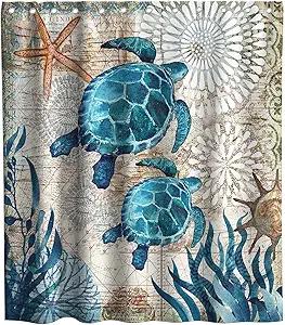Nautical Green Sea Turtles Beach Theme Fabric Shower Curtain Sets Bathroom Blue Ocean Decor with Grommets and Hooks - 72 x 72 Inch Teal