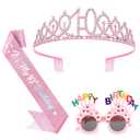 YARIEW 10th Birthday Decorations, 10th Glitter Sash and Crown Kit with Happy Birthday Sunglasses, Tiara Princess Crown and Sash Party Outfit Accessory